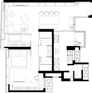平面设计图中优化空间动线，由于就是业主二人居住，只设计了一个卧室，设计两个单独的卫生间供业主二人使用