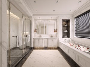 主卫有足够大的空间，泡澡区，淋浴区，双台盆的设计都比较方便夫妻二人共用。浴缸墙面壁龛设计，便于清洁打