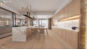 厨房和餐厅利用岛台相连接，增加彼此之间的互动。白色大理石台面和原木色的搭配也是十分的和谐。靠墙做了一