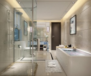卫生间干湿分离设计，干净卫生。设有泡澡区和淋浴区，功能比较齐全。