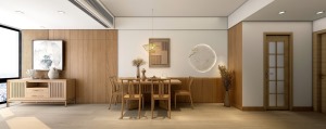 餐厅也是全部采用大面积的原木装饰，餐桌一半靠墙，墙面设计护墙板装饰。