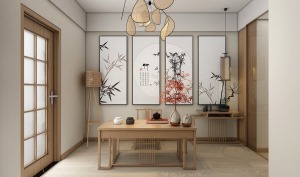 书房有一种中式韵味存在，简单饿书桌，背后四幅中国画作为装点，中国元素十足的阅读灯自然垂下，给空间增添