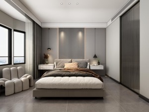 主卧地面以瓷砖设计配合整个空间的氛围，衣帽间的门选择长虹玻璃门，从视觉上增加空间的开阔感，对称的床头