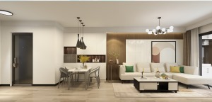 客厅整体用色上，金属线条是比较少的，主要以暖色系为主，让空间更显温馨。客厅和卧室都采用地板设计，居家