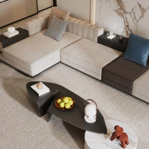 主沙发的部分采用米白色搭配黑色，背景墙则选择有花纹的大理石岩板，造型特异的茶几既满足了空间的使用，也