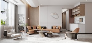 整个客厅的空间是温馨和舒适的，墙面利用原木色木饰面和白色相互搭配，一块流动的金属装饰物又带来些许灵动