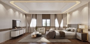 主卧的空间更大，床尾的位置摆放沙发，可以做一个简单的休息空间，墙面利用白色和金色线条勾勒，营造出比较