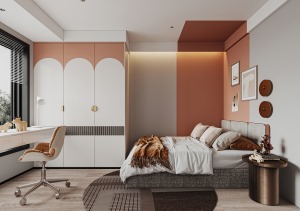 儿童房增加橙色设计，让空间更具有活力感，符合女孩子的喜爱。原木地面温馨简洁，利用白色与橙色乳胶漆做双