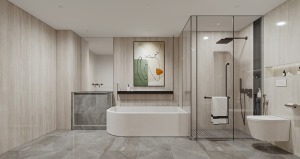卫生间是用水比较多的区域，所以设计师地面做大理石设计，防水性更好，墙面则是利用防水性极佳的原木壁纸做