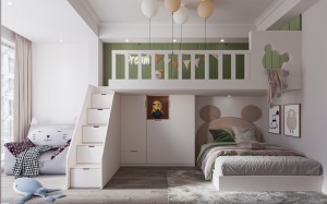 儿童房做上下床设计，木制地面更加温馨与脚感好，利用楼梯做收纳柜，上侧做床体，下侧靠墙做米老鼠床体摆放