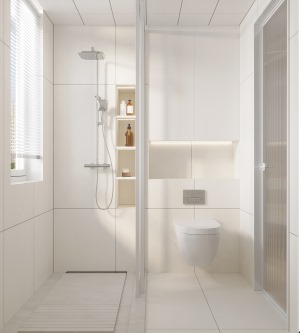 卫生间做干湿分离设计，以白色瓷砖做设计，防水性更好。全屋通面做瓷砖设计，让空间更加简洁，马桶做悬空设