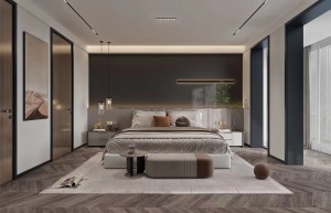 二楼卧室：床头背景和立面的造型让整个空间更加和谐稳定。利用黑色踢脚线包裹的墙面，虽然立在那里，但是却
