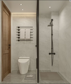 卫生间保证了最起码的干湿分离设计，淋浴区外面是马桶区，洗漱台外移到客厅的空间，节省里面的位置。淋浴区