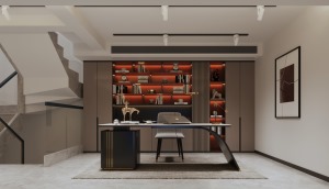 书房在地下室和二楼中间的悬浮出来的位置，朱砂红和木饰面相结合的书柜，在内置灯带的设置下格外的耀眼。由
