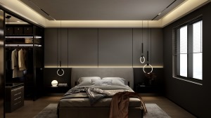 卧室无主灯设计，主卧设计独立衣帽间，主卧采用高地台床设计，地台延伸到衣帽间。
