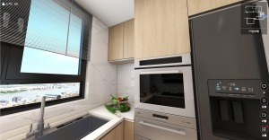 厨房选择原木色的橱柜，烤箱和冰箱都选择嵌入橱柜，既节省空间又比较美观。