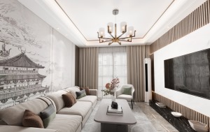客廳采用大量木飾面作為設計，配合沙發背景墻后面的中式壁紙，營造出中式加現代的居家舒適感，在整體配色上