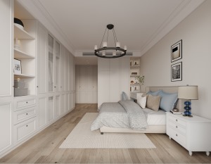 主卧地面选用浅色木板做地面，整体以白色做主要设计基调，凸显空间的简洁与干净。选用米色床体做设计，床位