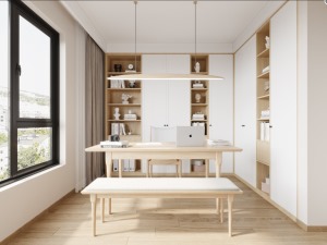 书房在单独空间内做设计，以开放式设计更能凸显出空间的通透，主要以白色与原木做相搭设计，简洁又充满温馨