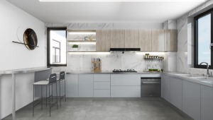 厨房做L型布局设计，地面以灰色瓷砖做铺设，增加室内的时尚感与通透感，灰色大理石做台面搭配浅灰色橱柜，