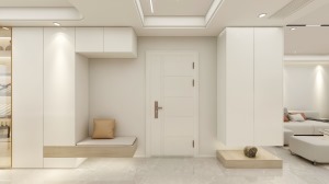 进门靠近两侧墙面做玄关，增加收纳空间的同时也满足业主日常进出使用，以白色为主要设计基调，凸显空间的简
