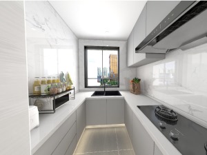 厨房做U型布局设计，以白色为主要设计基调，凸显空间的简洁又明亮。白色大理石做台面与墙面瓷砖相应，更显
