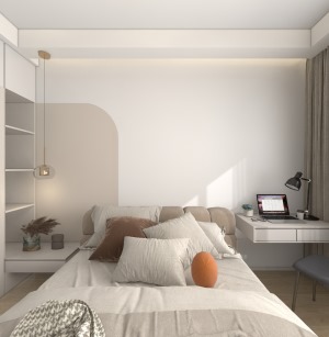 主卧以浅色为主，让空间更具有生活氛围感，主墙面以白色与浅咖色做相拼设计，床头一侧做台灯柜，延伸至衣柜