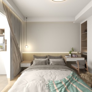 主卧以原木地面做设计，同时以白色为主墙面设计，增加空间温馨感与简洁感，让家中简洁又自然。主墙面靠近床