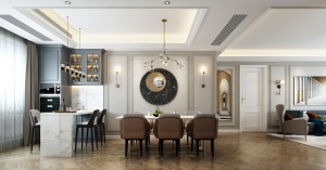 餐厅在客厅的一侧，木制地面延伸一体化更强，选用长方形台面做餐桌，搭配棕色双色座椅，时尚又雅致，墙面增