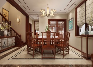 餐厅在楼梯处做设计，米色瓷砖做延伸空间通透感十足，平面吊顶结合线条画饰简洁又韵味十足，选用圆形实木做
