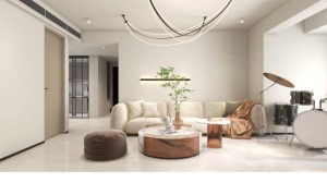 客厅以米色瓷砖做地面设计，增加室内的温馨感与简洁感，房屋墙面也使用白色做设计，让空间更加的简约，同时
