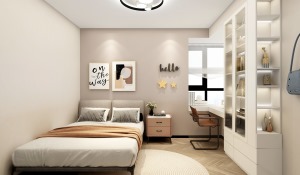 另一间次卧则是以浅色调为主要设计基调，靠近墙角处摆放浅灰色床体，简洁又舒适，L型窗台处增加悬空台面做