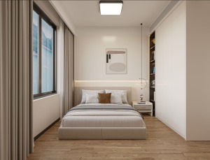 木制地面凸显空间的温馨与舒适，浅灰色床体搭配灰色软装，简洁感扑面而来，墙面做白色与衣柜做相同设计，让