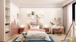 次卧做女儿房，整体以白色与粉色搭配呈现出简洁又充满童趣感的氛围，木制地面温馨脚感又好，浅灰色床体搭配
