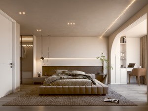 主卧以木制木板做地面，增加室内的质感与舒适感，房屋以白色为主要设计基调，增加灰色凸显空间的舒适与高级