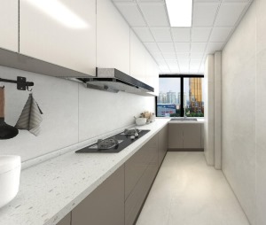 厨房以L型布局空间设计，米色瓷砖简洁又美观，靠近一侧墙面做台面设计，花色大理石做台面，下侧搭配棕色橱