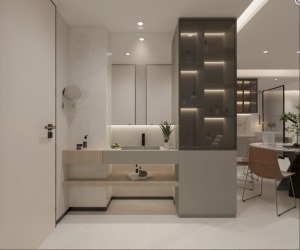 卫生间做干湿分离设计，以灰色水泥做洗漱台，台下盆的设计更加符合业主的使用习惯，墙面依然用白色瓷砖做设