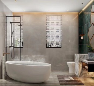 在中式美学里讲究“留白”，浴室的设计也不例外，设计师并没有把空间安排的满满当当，而是把新中式的实木柜