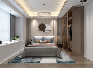 卧室是家中最舒服的空间，主色调用了棕灰色系，同时用了不同的材质和光影来建立空间的丰富层次。衣柜轻奢风