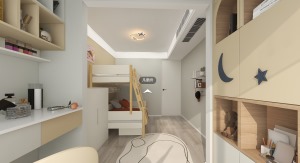 儿童房间设有一个白色与木质元素相配的上下铺，主灯做了星星月亮元素的设计，让房间充满乐趣的同时还增加了