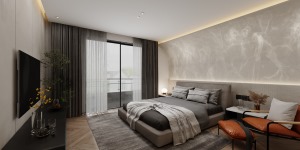 木色和灰色是房间的主色调，恰如其分的优雅与冷静。舒适的床头靠背下是木色护板墙，其上是灰色分封硬包，为