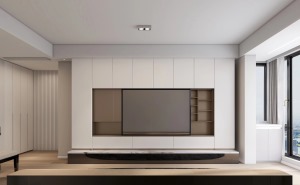 电视机背景墙做隐藏式收纳柜设计，以白色外观做设计更加简洁与明亮。电视机内嵌与收纳柜中，美观的同时还增