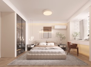 温暖舒适慵懒治愈的卧室兼具美观和实用才完美。原木色的地板搭配奶油色，简单的墙面用装饰画完成，氛围感满