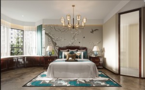 东方意象的床头饰面串联起房间的情感主线，搭配雅致的贴身布艺和微小物件。渗透出休憩之所的柔软与舒适感，