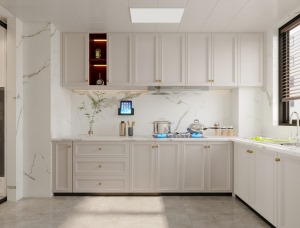 瓷砖地板通铺，保持开放式厨房和家居环境的统一性。用的实木烤漆哑光白色，搭配白色柔光砖、简约大气，空间