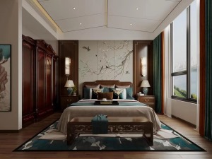 卧室尽显东方之美，以山水为背景墙+精心挑选的灯具+搭配充满中式元素的定制衣柜，让身心得到放松，安然入