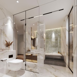 卫生间以白色大理石为主基调，整个空间有一种五星级商务酒店的感觉。