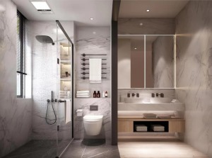 二层卫生间增加了干湿分离加双台盆，淋浴和马桶都有了各自的独立空间，让使用者互不干涉。