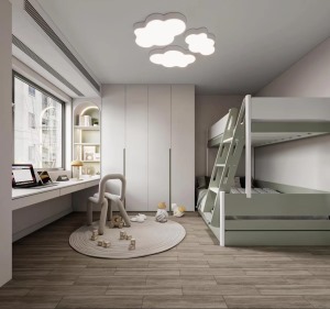 清新薄荷绿的为儿童房的主基调，墙、柜统一色调，搭配哑光色的地砖，很适合儿童房的风格。
