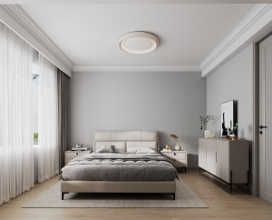 主卧以灰色为主色调，床板包、床头柜、侧边收纳柜与主灯都是米白色，简约又干净。